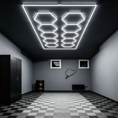سعر جيد 568W LED Light Hexagon Modular Ceiling Lighting System for Garage Gym Workshop Office Connectable Honeycomb LED Hex Light Panels نظام إضاءة السقف المنسق للجراج ورشة ألعاب الرياضة المكتب الانترنت