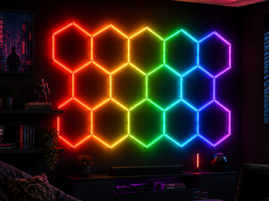 نظام إضاءة سقف معياري سداسي الأضلاع بتقنية LED RGB للإضاءة المرنة في المرآب، صالة الألعاب الرياضية، ورشة العمل، والمكتب