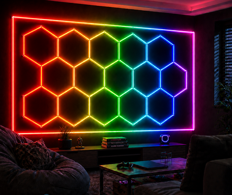 2026 جديد 15 سداسي RGB جهاز تحكم عن بعد ضوء سقف LED على شكل خلية نحل 24 فولت IP20 لصالة الألعاب الرياضية، الصالون، المرآب، البار، إضاءة جوية، جاهز لشهادة CE